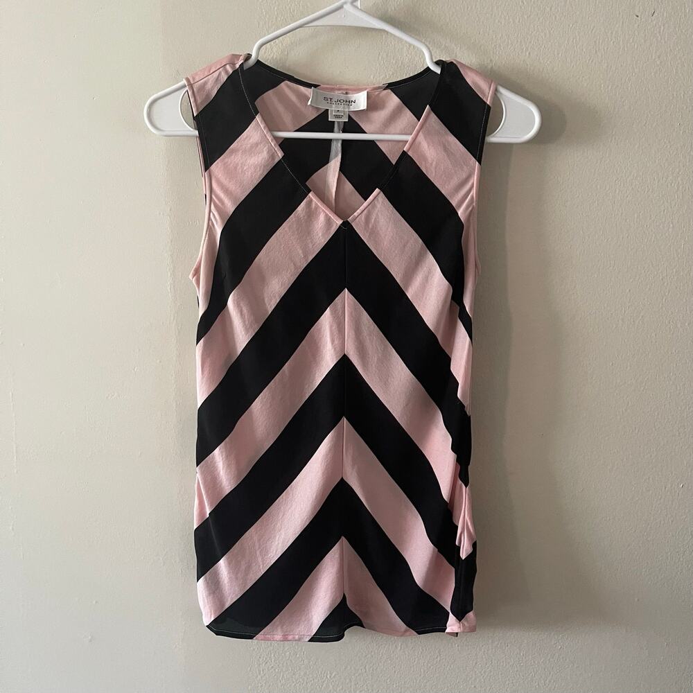 St. John Collection Silk Blouse Womens Small Pink Black Chevron Sleeveless Flaw